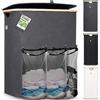 HENNEZ - Cesto Portabiancheria con Coperchio Grigio 150L - 3 Scomparti - Cesta per Panni Sporchi in vimini - Cesta Porta Biancheria Sporca per Bagno - Cesto Portabiancheria Salvaspazio