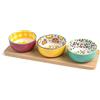 H&H Mix&Match Set 3 Coppette in Stoneware Decorate, 9cm, con Base Rettangolare in bambù