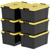Cetomo 6 scatole portaoggetti in plastica da 90 l con coperchi, maniglia e fibbie a scatto, per attrezzi, giardino, garage, casa, durevole, resistente, impilabile, nero e giallo, 90 l (confezione da