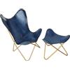 PARRYS LEATHER WORLD Butterfly Chair In Vera Pelle Fatto A Mano Pieghevole Blu Con Pouf