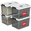 Cetomo 45L*4 Scatole di Stoccaggio in Plastica, Scatole Portaoggetti con Coperchio, Organizzatore con Manico, Contenitori per Casa e Ufficio, Impilabile, Resistente, Nero Chiaro, 45L - Confezione da 4