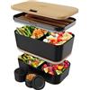 Umami Porta Pranzo Lunch Box Impilabile Con 4 Scomparti E Posate, Sicuro Per Microonde, Lavastoviglie, Portapranzo Ufficio, Bento Lunchbox Ermetico Per Adulti, Schiscetta Pranzo, Faggio Nero, 1500 ml