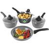 Salter Go Green - Set di 4 padelle termiche con tecnologia indicatore di calore, senza PFA, pentole con coperchio da 16, 18, 20 cm e padella da 24 cm, in ceramica antiaderente, manici morbidi, in