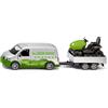 Siku 2005 VW T6 con trattorino da giardino, 1:50, porte apribili, rimorchio ribaltabile, pneumatici in gomma, carrozzeria in metallo, colore verde-argento, set di giocattoli per il giardinaggio