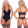 Pink Lipstick Lingerie Body Sexy Nero Reggicalze Perizoma Tulle Trasparente Donna Taglia S/M