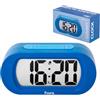 Fisura - Sveglia digitale gialla, orologio con display LED, formato 12/24 ore con retroilluminazione, sveglia da comodino a batterie, funziona con 3 AAA (Blu)