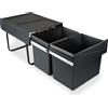 Emuca - Contenitore per la raccolta differenziata da montare sul fondo ed estraibile manualmente in cucina 2x15lt, Tecnoplastica, Nera