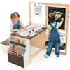 FANTASK Set di cavalletto 6 in 1 per bambini, in legno, con lavagnetta doppia, lavagna bianca e rotolo di carta, regolabile in altezza con panca, ripiani per bambini dai 3 anni in su (caffè)