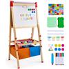 VEVOR Cavalletto da Arte per Bambini 3 in 1, Cavalletto da Arte in Legno a Doppia Faccia con Lavagna Magnetica e Rotolo di Carta, Tavolo da Disegno Regolabile con Accessori per Pittura per Ragazzi