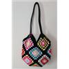 Borsa granny, mattonelle, nera, uncinetto, cotone,fatta a mano, manici in pelle