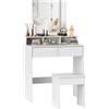 HOMCOM Postazione Trucco con Sgabello, Tavolo da Trucco con Specchio, 3 Ripiani,