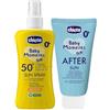 Chicco Set Protezione Solare da Viaggio, composto da Latte Spray SPF50+ 150ML e Latte Doposole Rinfrescante 150ML, per la Pelle Sensibile del Bambino, Resistente all'Acqua, 0 Mesi+