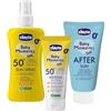Chicco Set Protezione Solare da Viaggio, Latte Spray SPF50+ 150ML,Crema Solare Minerale SPF50+ 75ML e Latte Doposole Rinfrescante 150ML,per Pelle Sensibile del Bambino, Resistente all'Acqua,0 Mesi+