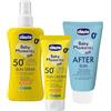 Chicco Set Protezione Solare da Viaggio, Latte Spray SPF50+ 150ML, Crema Solare SPF50+ 75ML e Latte Doposole Rinfrescante 150ML, per Pelle Sensibile del Bambino, Resistente all'Acqua, 0 Mesi+