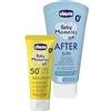 Chicco Set Protezione Solare da Viaggio, Crema Solare SPF50+ 75ML e Latte Doposole Rinfrescante 150ML, per la Pelle Sensibile del Bambino, Resistente all'Acqua, 0 Mesi+