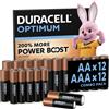 Duracell - 24 Batterie Optimum Alcaline (12 AA+ 12 AAA), 1.5 V LR6 LR03 MX1500 M