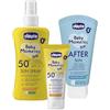 Chicco Set Protezione Solare da Viaggio, Latte Spray SPF50+ 150ML,Crema Solare Minerale SPF50+ 75ML e Latte Doposole Rinfrescante 150ML,per Pelle Sensibile del Bambino, Resistente all'Acqua,0 Mesi+