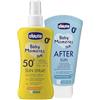 Chicco Set Protezione Solare da Viaggio, composto da Latte Spray SPF50+ 150ML e Latte Doposole Rinfrescante 150ML, per la Pelle Sensibile del Bambino, Resistente all'Acqua, 0 Mesi+