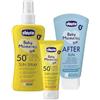 Chicco Set Protezione Solare da Viaggio, Latte Spray SPF50+ 150ML, Crema Solare SPF50+ 75ML e Latte Doposole Rinfrescante 150ML, per Pelle Sensibile del Bambino, Resistente all'Acqua, 0 Mesi+