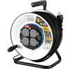 Electraline 49071 PRO-Line 49071-Avvolgicavo in Metallo Professionale e Piastra Fissa, Cavo in Gomma H07 RN-F 3G1,5 50 m, IP44, con 4 Prese Schuko