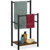 Relaxdays Portasciugamani a 2 Bracci e Ripiano, Piantana Bagno, 80x40x28 cm, Porta Asciugamani Ferro e MDF, Marrone Nero