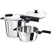 Fissler Vitaquick® Elemental Set di 3 pentole a pressione (6,0 + 3,5 l, Ø 22 cm), verde salvia - Made in Germany, 2 livelli di cottura, coperchio in vetro, fondo Superthermic, induzione