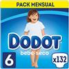 Dodot Pannolini per bambini asciutti, taglia 6 (13-18 kg), 132 pannolini + 1 confezione da 10 salviettine Aqua Pure 99% acqua, una notte fino al 100% senza perdite, confezione mensile