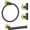 Lairuier Set di accessori per il bagno, 4 pezzi, include porta carta igienica, anello per asciugamani e 2 ganci per asciugamani in acciaio inox, montaggio a parete, accessori per il bagno (nero e oro)