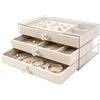 Elalove Portagioie donna a 3 livelli, porta gioielli con cassetti estraibili, organizer gioielli in acrilico trasparente con interno in velluto, scatola porta gioielli per anelli, collane e orecchini, Beige