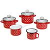 axentia Set pentole in acciaio smaltato da 5 pezzi Xanten, 3 pentole per carne, 1 casseruola con manico e 1 lattiera, rosso con puntini bianchi