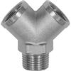 RIEGLER Distributore a 2 vie, filettatura esterna R 3/8, uscite 2 x filettatura interna G 3/8, MS nichelato, pressione max. 60 bar, Temp. Max. 150 °C