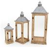 Drw Set di 3 lanterne in legno e parte superiore in metallo naturale e grigio