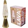 Fisura - Lampada lava Oro. Base dorata, liquido trasparente e glitter di lava. L
