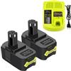 Asuncell 2 x Batteria per Ryobi con Caricabatterie, ASUNCELL 18V 5.0Ah P108 Batteria di I