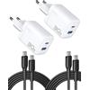 INIU Caricatore USB C 30W, 2-Pezzi Caricatore Rapido con Cavo USB-C 60W, 2Porto