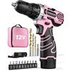 Fahefana Trapano Avvitatore Batteria 12V, Rosa, Max 25Nm, 2.0Ah Batterie, 18+1 Impostazio