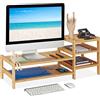 Relaxdays Supporto per Monitor con 5 Ripiani Organizer, Base Rialzata per Schermo PC da Scrivania, 33x80x30 cm, Naturale, bambù