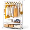 VOUNOT® Stand Appendiabiti Doppio in Metallo con Ruote, Appendiabiti da Terra con 2 Ripiani Porta Scarpe e Vestiti, Robusto e Salvaspazio per Camera, Ingresso e Guardaroba, 120x40x146cm, Bianco