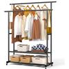 VOUNOT® Stand Appendiabiti Doppio in Metallo con Ruote, Appendiabiti da Terra con 2 Ripiani Porta Scarpe e Vestiti, Robusto e Salvaspazio per Camera, Ingresso e Guardaroba, 121x40x147cm, Nero