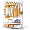 VOUNOT® Stand Appendiabiti Doppio in Metallo con Ruote, Appendiabiti da Terra con 2 Ripiani Porta Scarpe e Vestiti, Robusto e Salvaspazio per Camera, Ingresso e Guardaroba, 121x40x147cm, Bianco