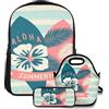 Nongmei Set zaino per la scuola, due tavole da surf e testo rosso, blu chiaro e crema, con borsa per il pranzo e astuccio per ragazze, ragazzi e adolescenti, borsa impermeabile