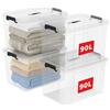 Cetomo 90L*4 Scatole di Stoccaggio in Plastica, Scatole Portaoggetti con Coperchio, Organizzatore con Manico, Contenitori per Casa e Ufficio, Impilabile, Resistente, Trasparente, 90L - Confezione da 4