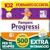 Pampers Progressi XL, Taglia 6 (16+ kg), 102 Pannolini Bambino | Formato Scorta, Pelli Delicate, Linguette Rinforzate, Anti-Fuoriuscite, 500 Punti Omaggio