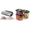 FoodSaver V2860 Macchina Sottovuoto per Alimenti Secchi/Umidi,100 W, Argento/Nero & Set di 3 Contenitori Salva Freschezza Sottovuoto con funzione marinatura, 1 da 700 ml, Trasparente