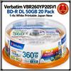 Verbatim VBR260YP20SV1 BD-R DL 50GB 20 Pack 1-4x White Printable Japan New