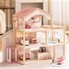 ROBUD Casa delle bambole in legno, villa delle bambole con mobili, con ascensore, garage, gazebo e piscina, regalo per bambini dai 3, 4, 5, 6 anni in su, rosa
