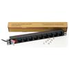 Link multipresa da rack 19 LK10053 con 9 prese universali con interruttore, spina ita. 16A sez. cavo 1,5mm lunghezza 1,75m metallo capacità 3,5KW dimensioni 48,5x4,5x4,5. Alette reversibili.