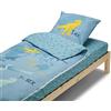 Bleu Calin Caradou - Set da letto per bambini T-Rex, 3 pezzi, senza piumino, 90 x 190 cm, cotone, blu verde