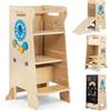 FANTASK Torre di apprendimento 4 in 1 con lavagna e scivolo, Montessori | Torre di apprendimento regolabile in altezza in legno con tavola per abilità motorie, utensile da cucina a 3 livelli