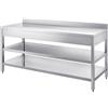 Allforfood Tavolo da lavoro inox - gambe quadre 4x4cm - con due ripiani inferiori - piano top spessore cm 4 - con alzatina - lunghezza cm 120 - profondità cm 60 - altezza cm 85 - piano top inox aisi 304